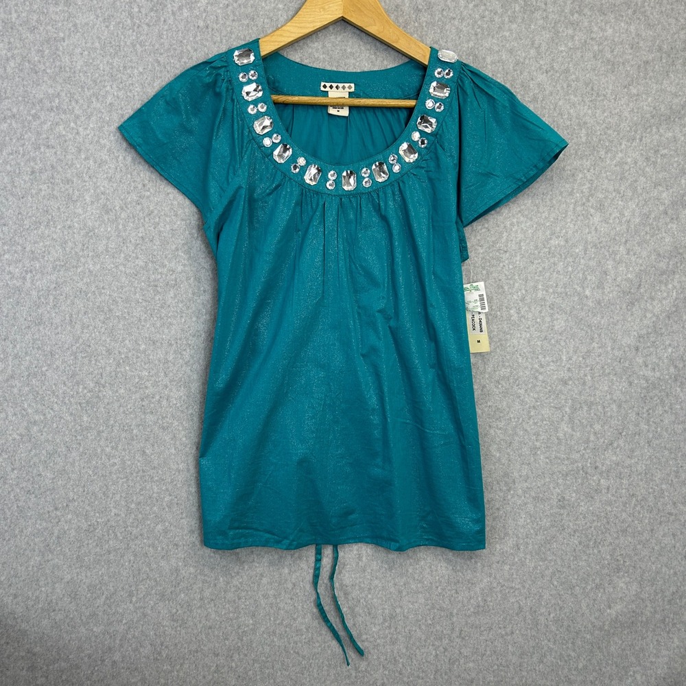 Peacock Blue Blouse Crystal Neck Shimmer Cotton Top Tie Back Y2K Size Medium NWT